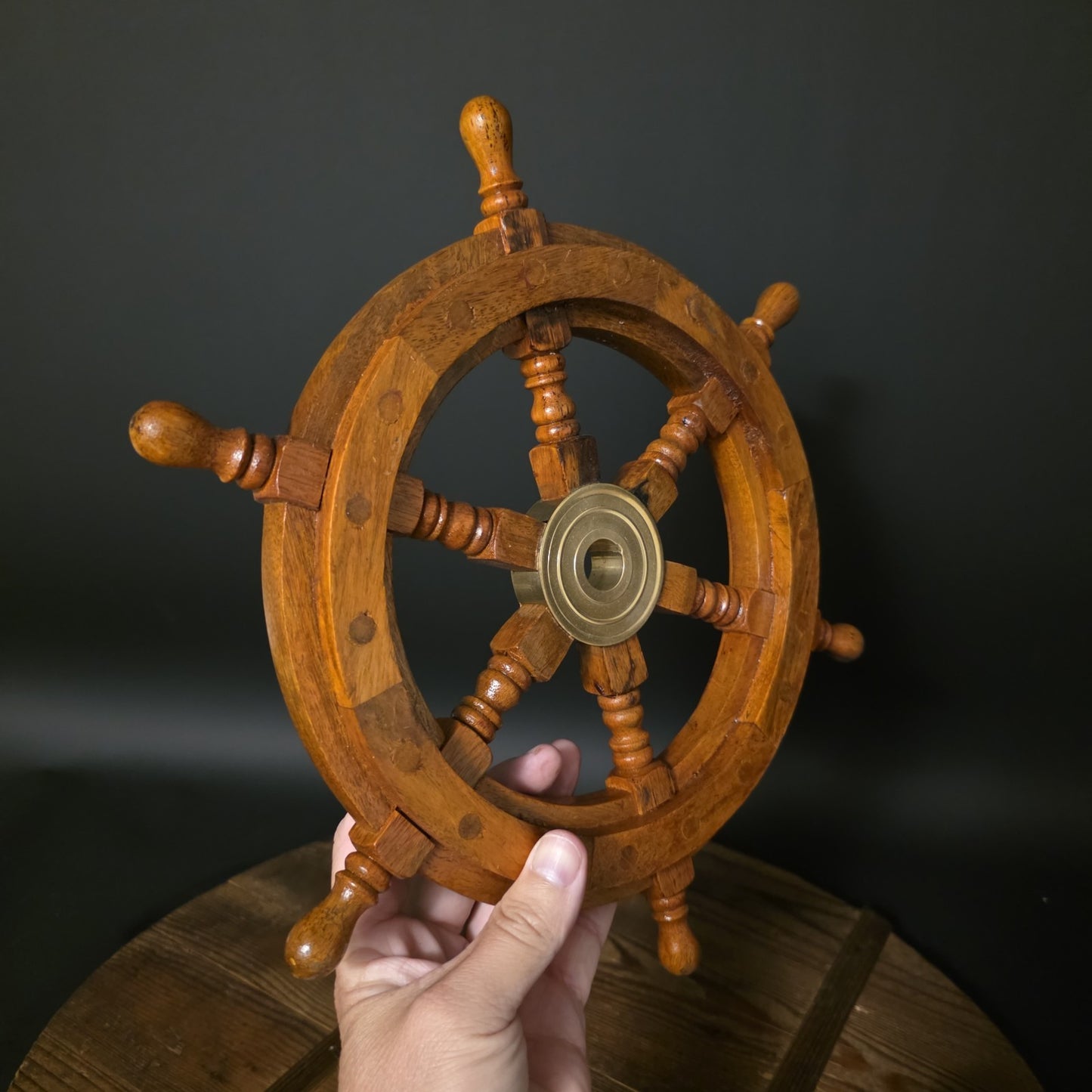 Wood Ship Wheel – Nautical Boat Helm Wall Decor Brass Center Hub