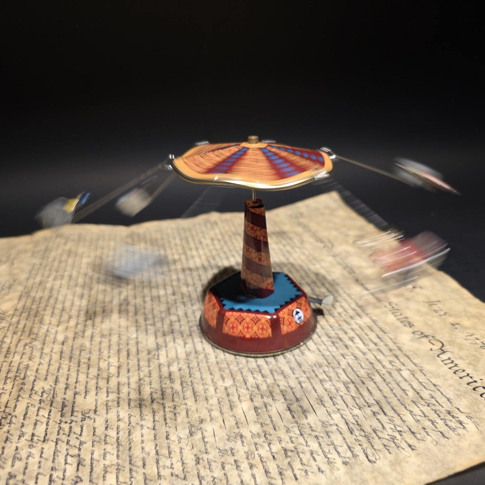Vintage Style Tin Litho Carousel Swing Ride Wind-Up Amusement Park Toy