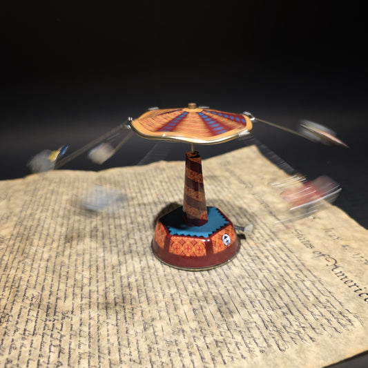 Vintage Style Tin Litho Carousel Swing Ride Wind-Up Amusement Park Toy
