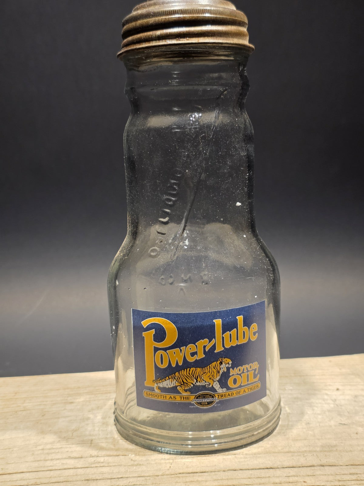 1930s Style Glass Power Lube Oil Bottle w Spout