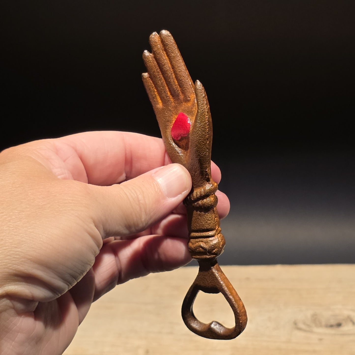 5 1/2" Cast Iron Heart in Hand Odd Fellows Bottle Opener
