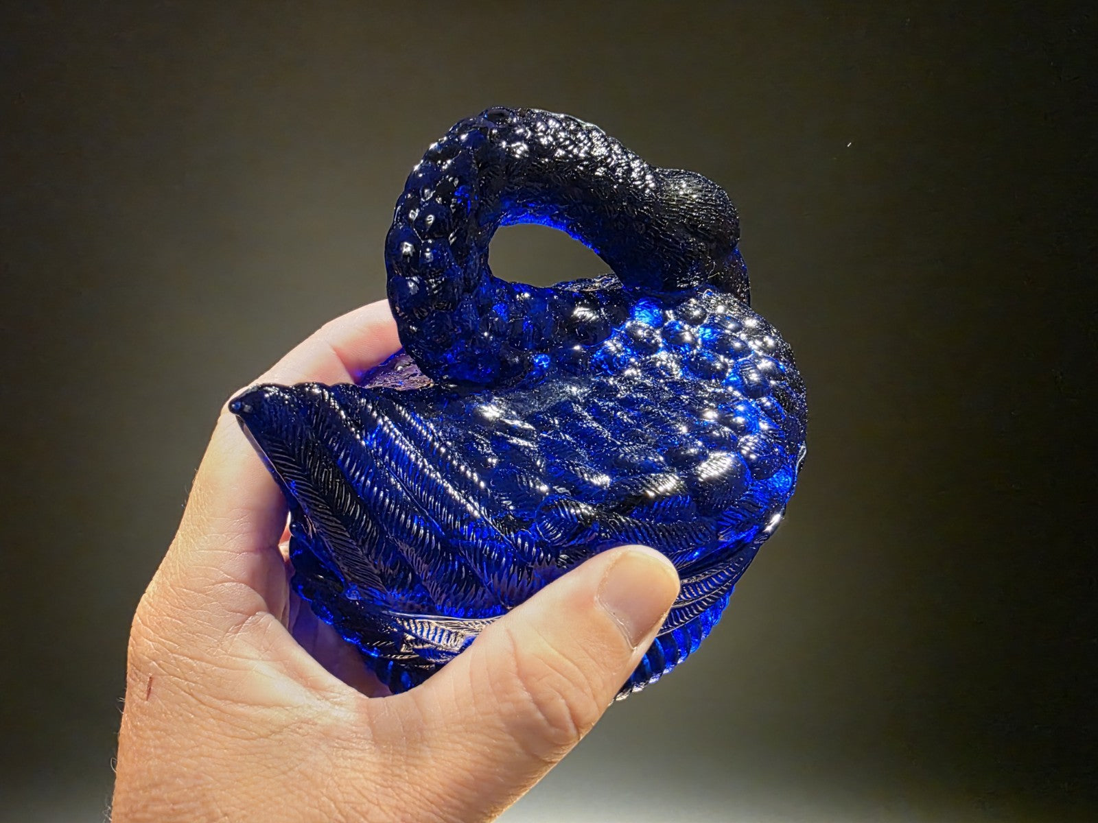 Vintage Style Cobalt Blue Depression Glass Swan Candy Dish Box