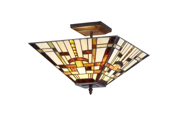 14" Vintage Style Mission Stained Glass Semi Flush Ceiling Uplight