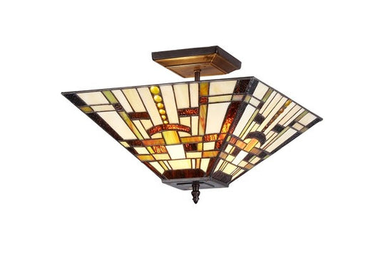 14" Vintage Style Mission Stained Glass Semi Flush Ceiling Uplight