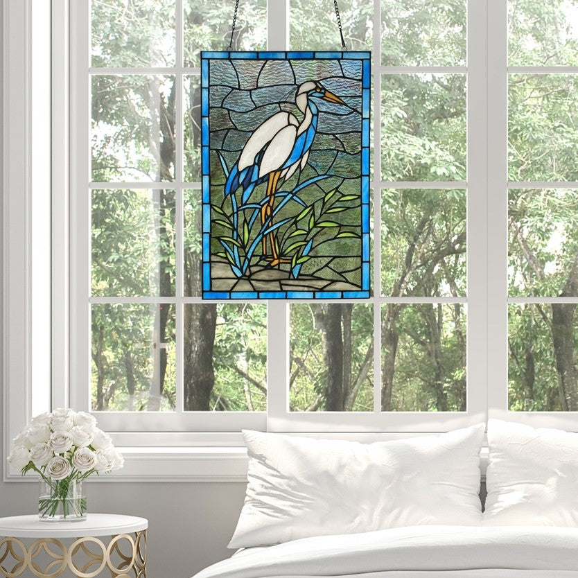 18"  White & Blue Crane Stained Glass Window Panel
