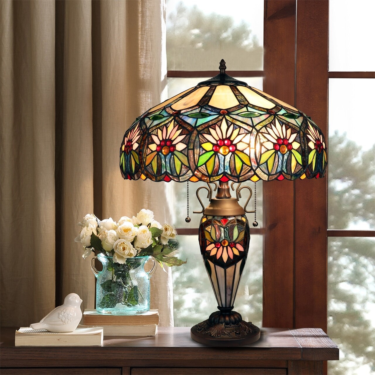 24" Antique Vintage Style Stained Glass Lighted Base Table Lamp