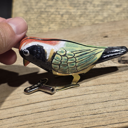 New Vintage Style Tin Litho Pecking Bird Toy Wind-Up Mechanical Songbird