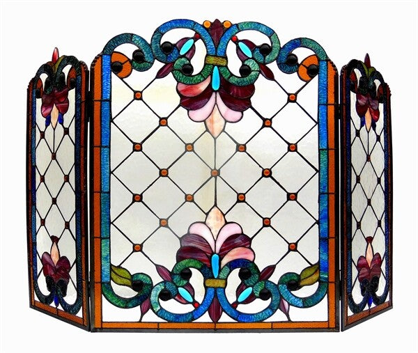 44" Folding Stained Glass Fireplace Screen