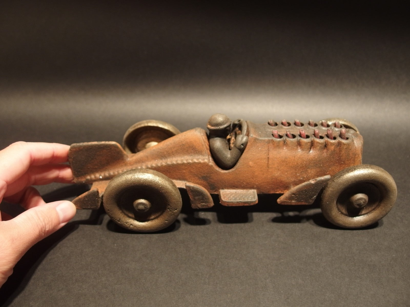 Antique Vintage Style Cast Iron Toy Race Car w Moving Flames "Hubley"