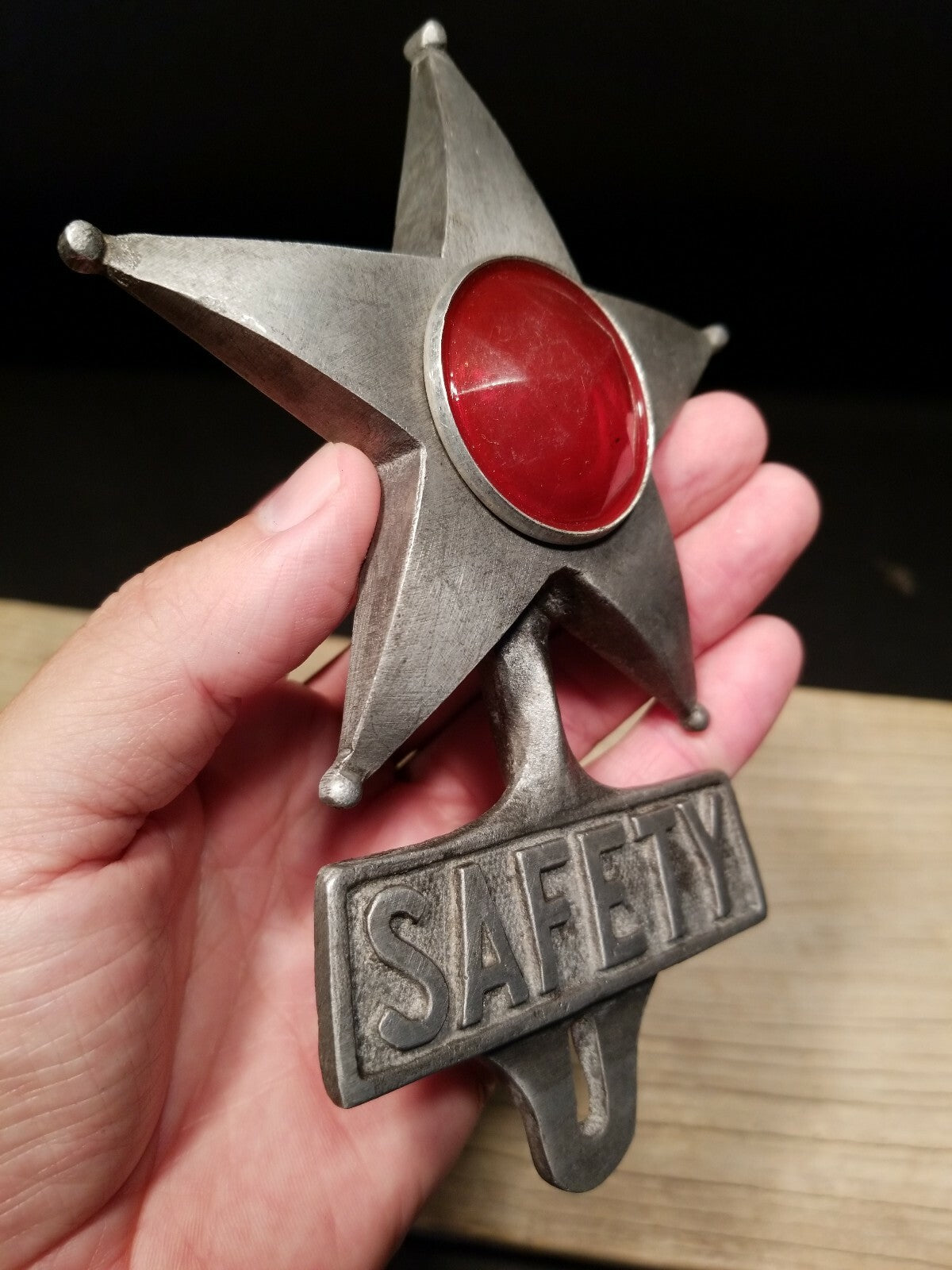 Antique Vintage Style Cast Aluminum Safety Star Car License Plate Fob Topper