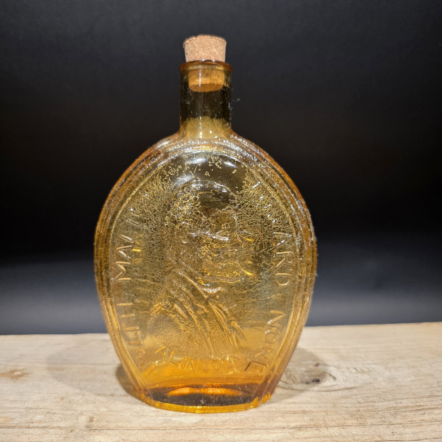 8" Vintage Style Amber Glass Abraham Lincoln Decanter Flask Bottle