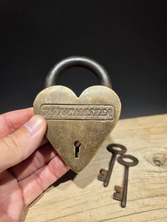 Antique Vintage Style Brass Heart Winchester Firearms Ammo Box Padlock Lock 
