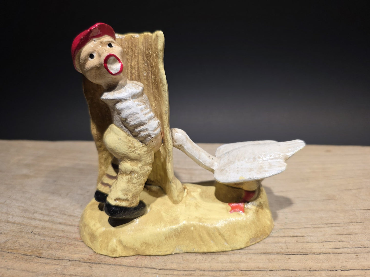 5" Painted Cast Iron Americana Charming Boy Urinating + Goose Figure
