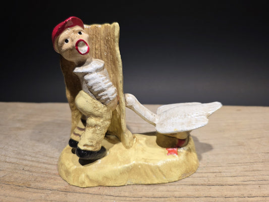 5" Painted Cast Iron Americana Charming Boy Urinating + Goose Figure