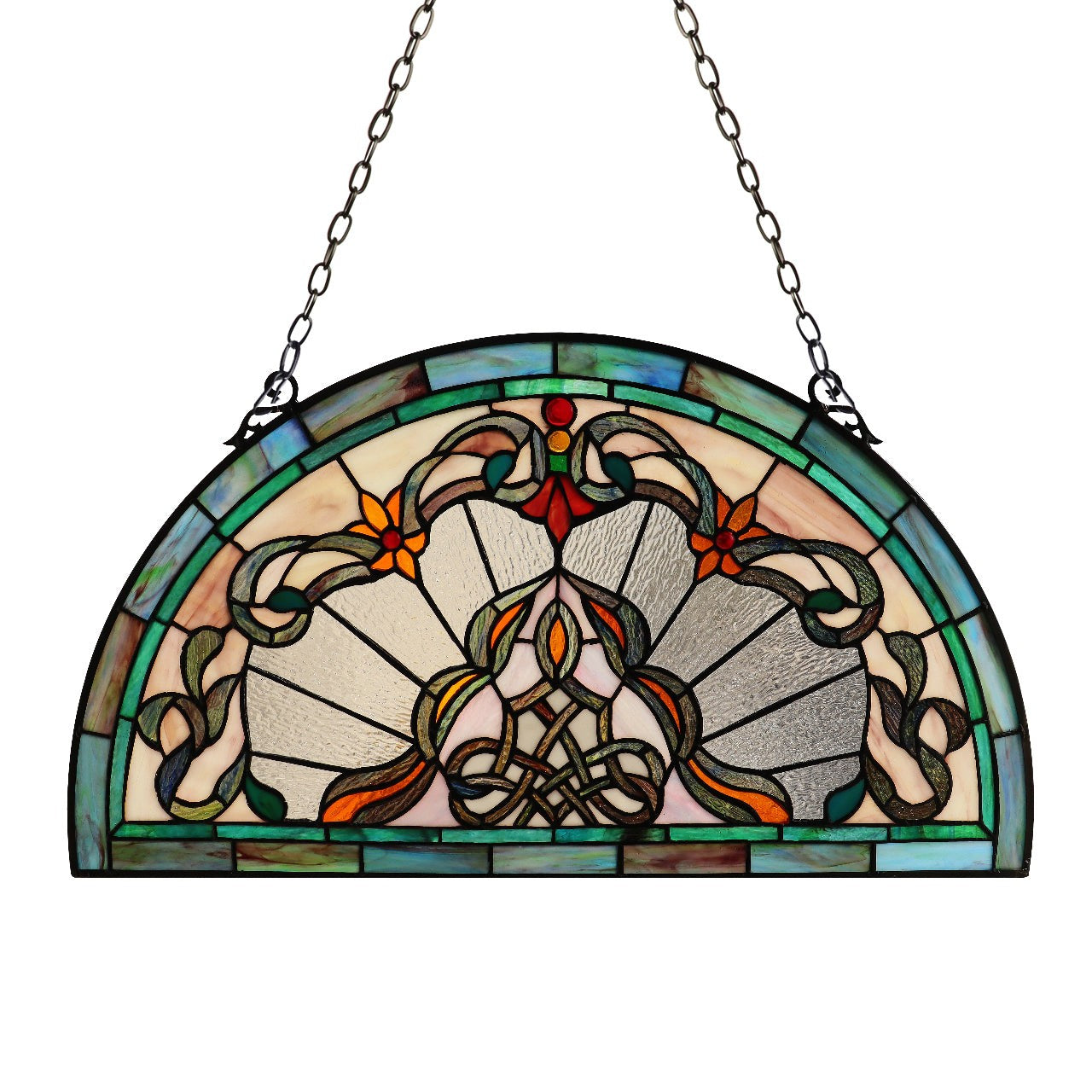 24" Tiffany Style Stained Glass Window Panel Victorian Semi Circle