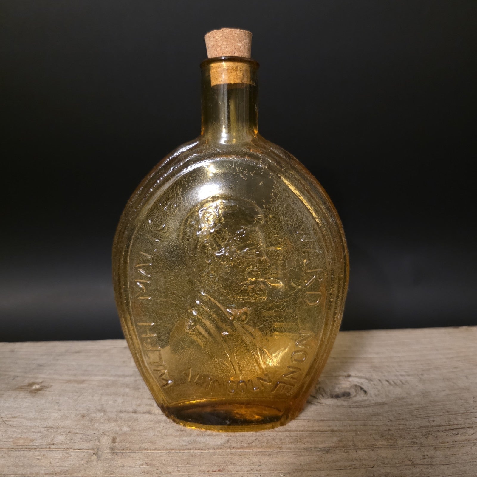 8" Vintage Style Amber Glass Abraham Lincoln Decanter Flask Bottle