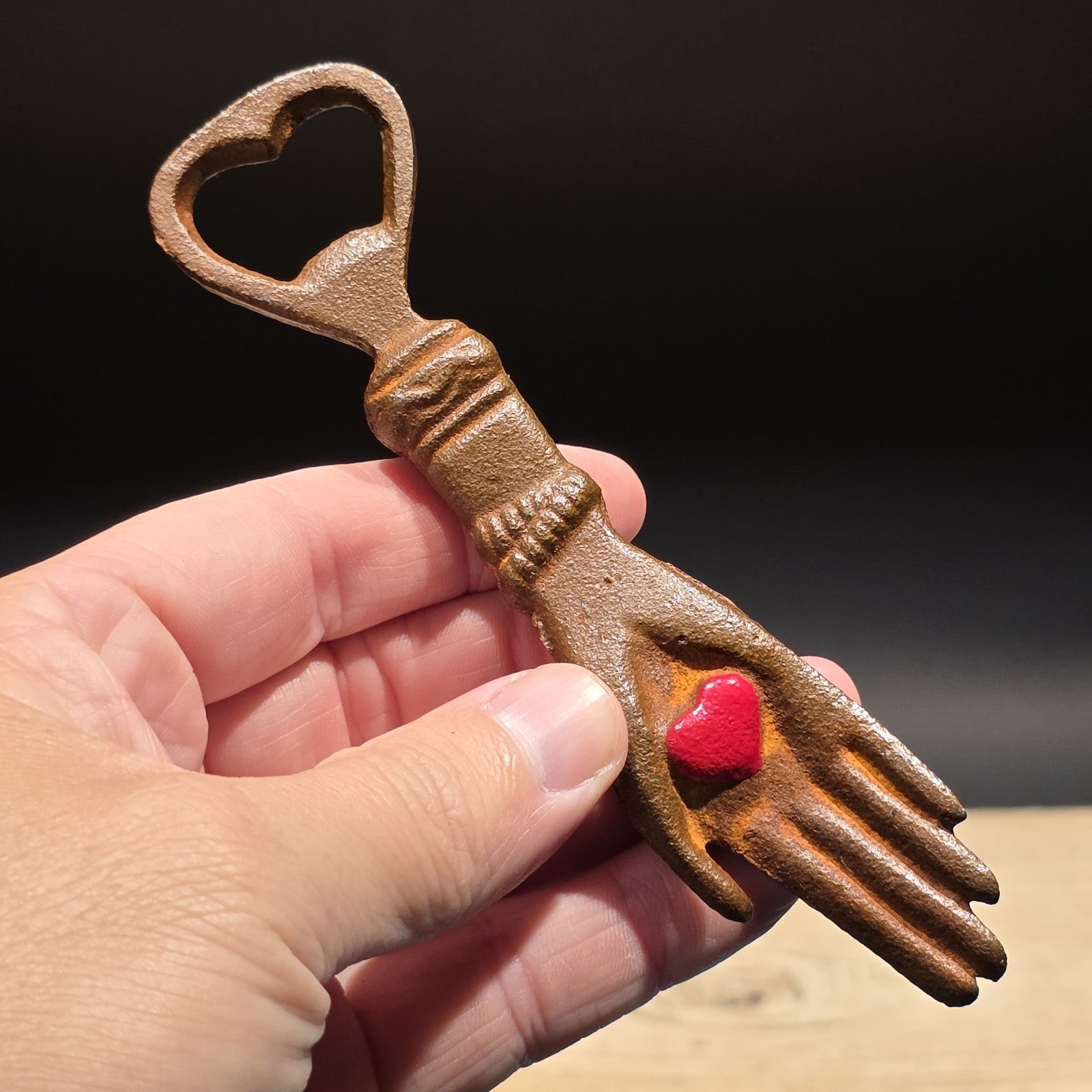 5 1/2" Cast Iron Heart in Hand Odd Fellows Bottle Opener