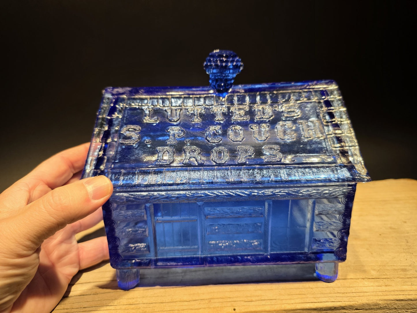 Vintage Style Cobalt Blue Depression Glass Cabin Candy Dish Box