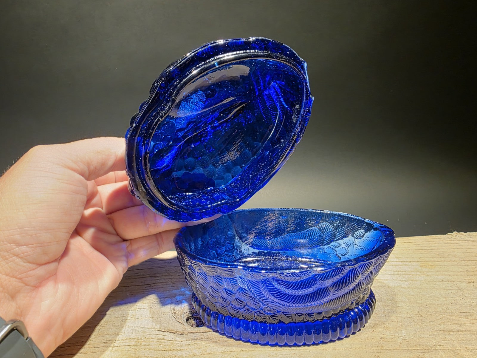 Vintage Style Cobalt Blue Depression Glass Swan Candy Dish Box
