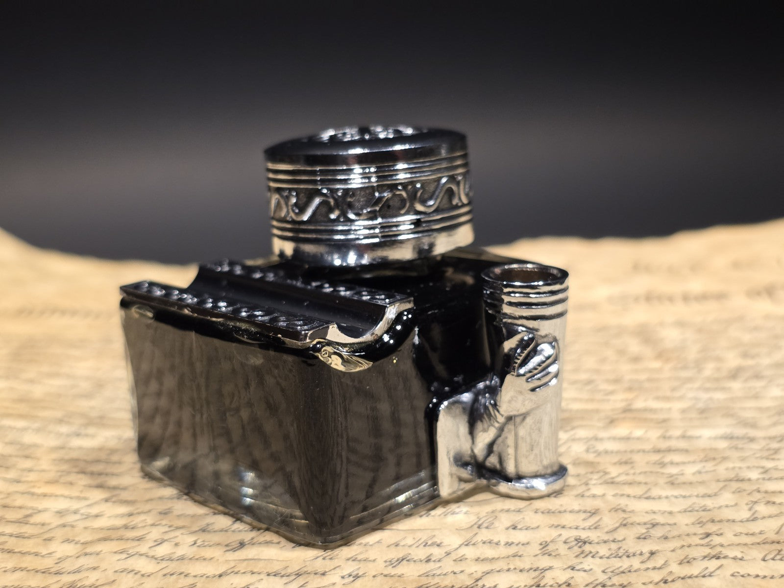 5" Antique Style Glass Inkwell Pen Rest Filled with 1.75 oz Black Ink