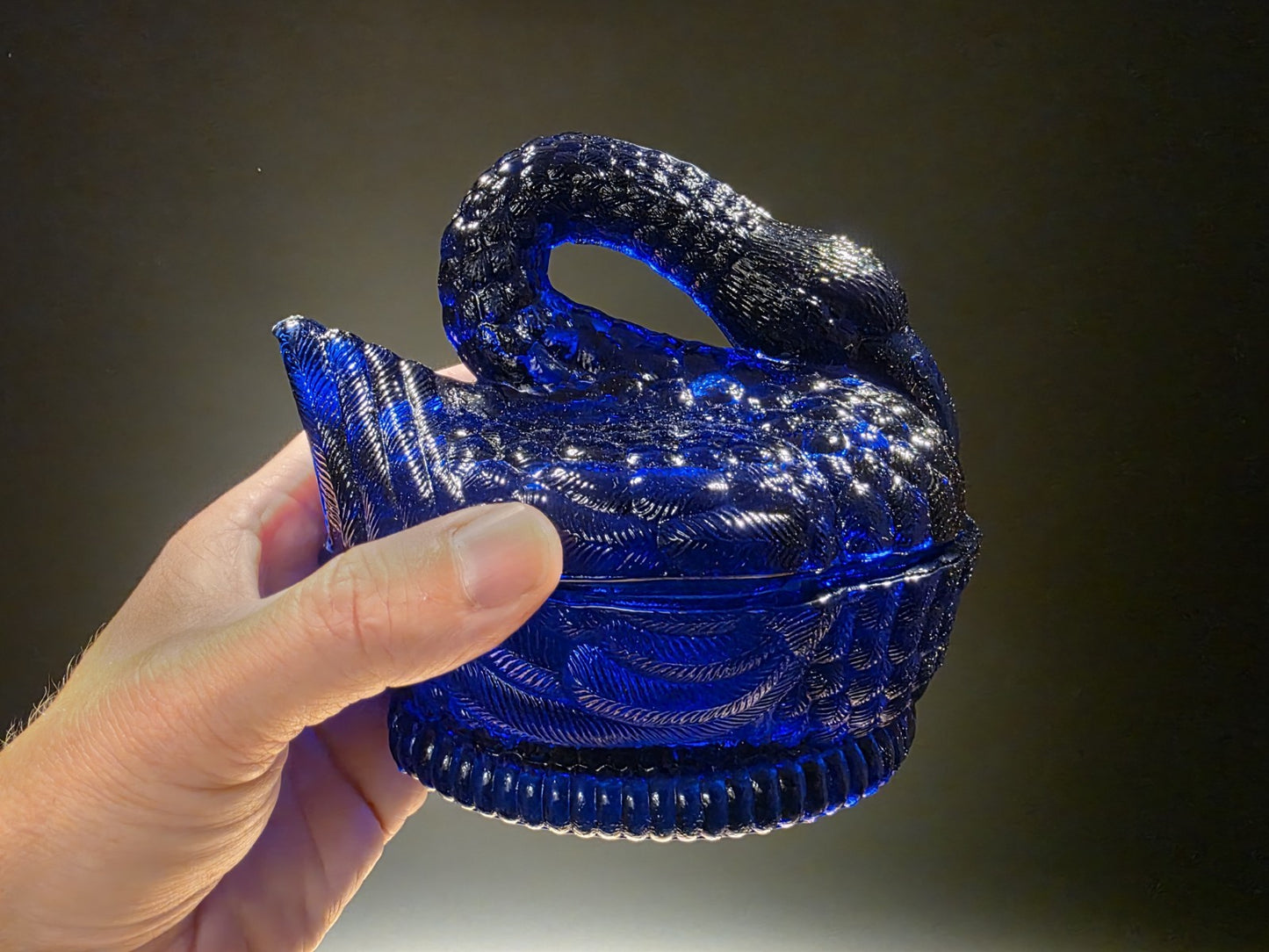 Vintage Style Cobalt Blue Depression Glass Swan Candy Dish Box