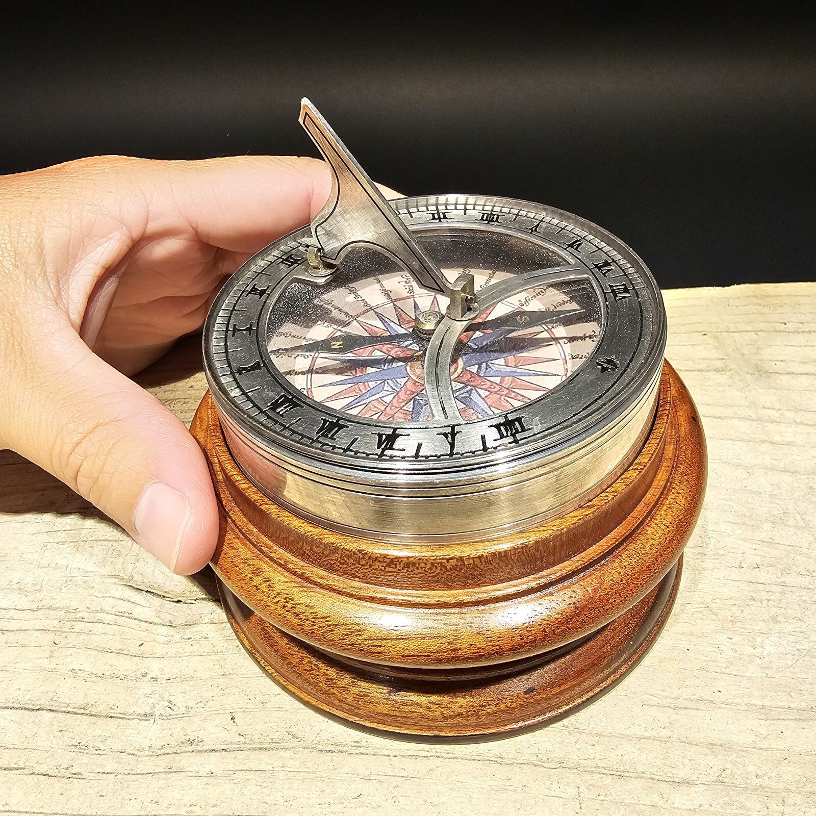 Antique Style Turned Mahagony Wood and Silver Plated Bronze Sundial Compass