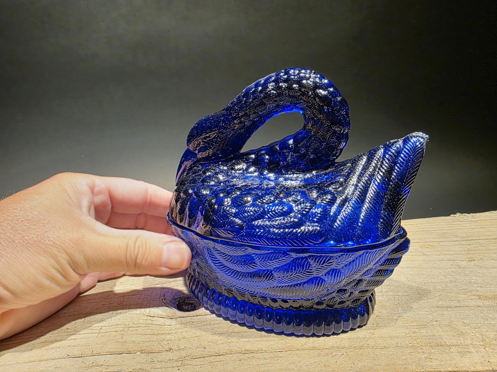 Vintage Style Cobalt Blue Depression Glass Swan Candy Dish Box