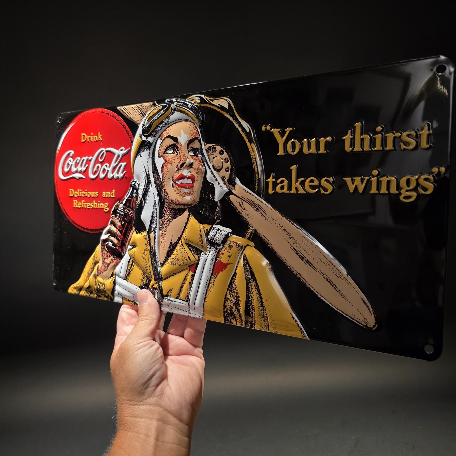Ande Rooney Signs Coca-Cola Gee Bee Your Thirst Takes Wings Embossed Tin Sign