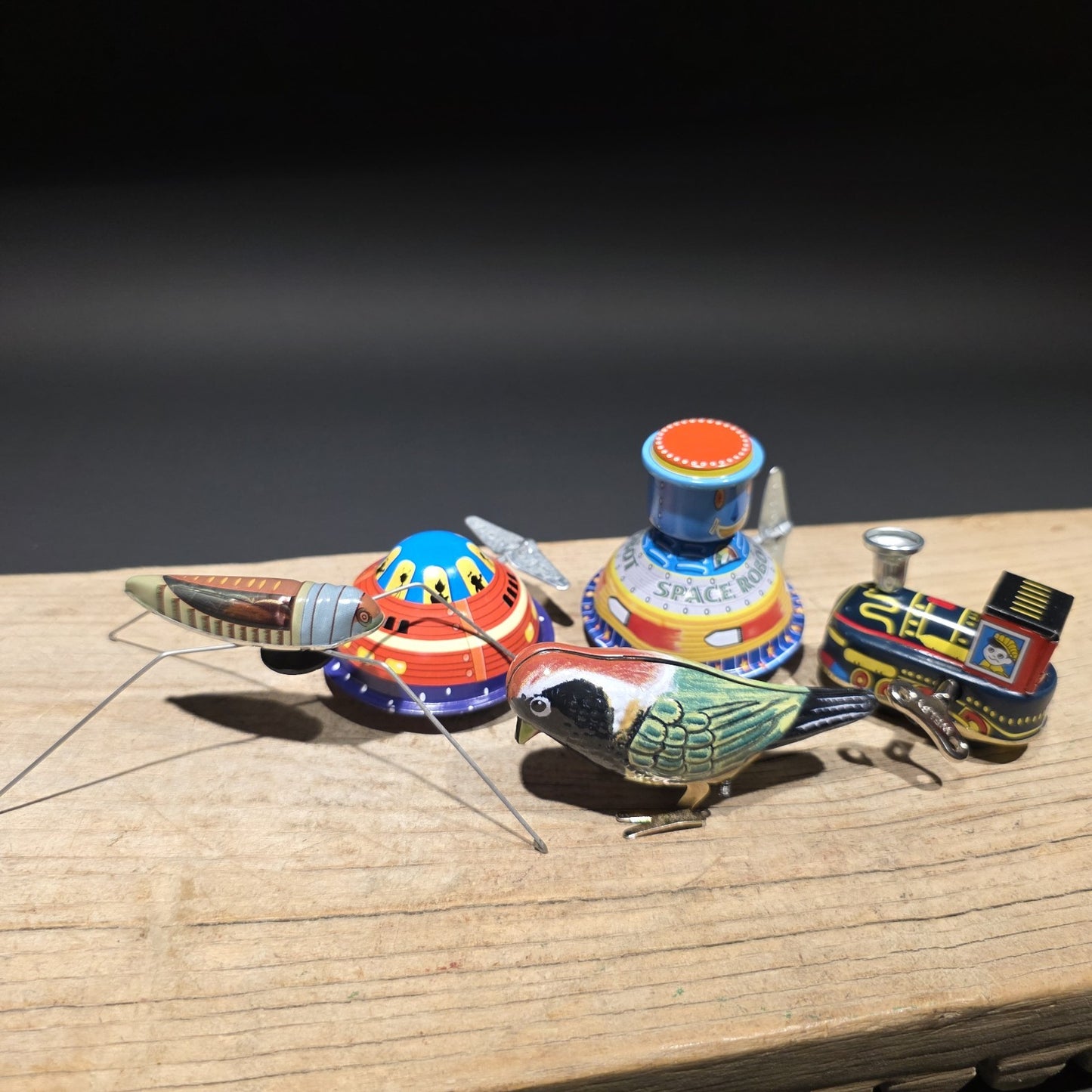 Vintage Tin Litho Wind-Up 5 Toy  Lot – Robot UFO Bird Train Cricket