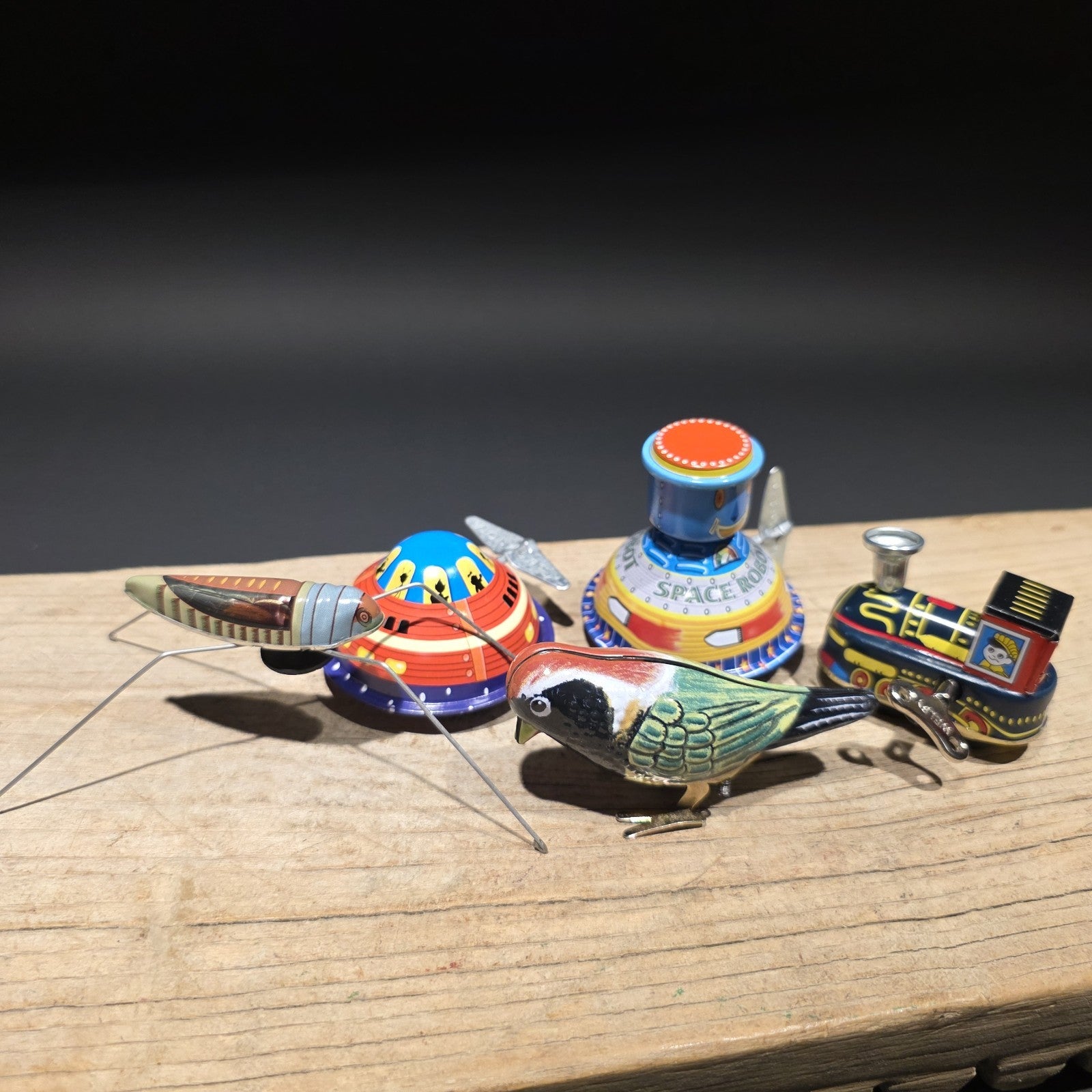 Vintage Tin Litho Wind-Up 5 Toy  Lot – Robot UFO Bird Train Cricket