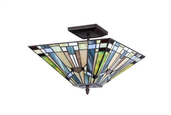 14" Vintage Style Mission Stained Glass Semi Flush Ceiling Uplight