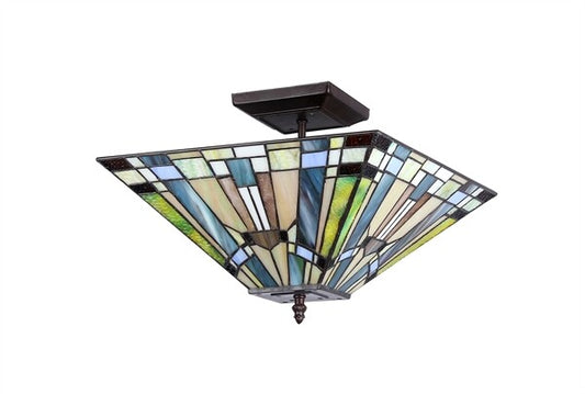 14" Vintage Style Mission Stained Glass Semi Flush Ceiling Uplight