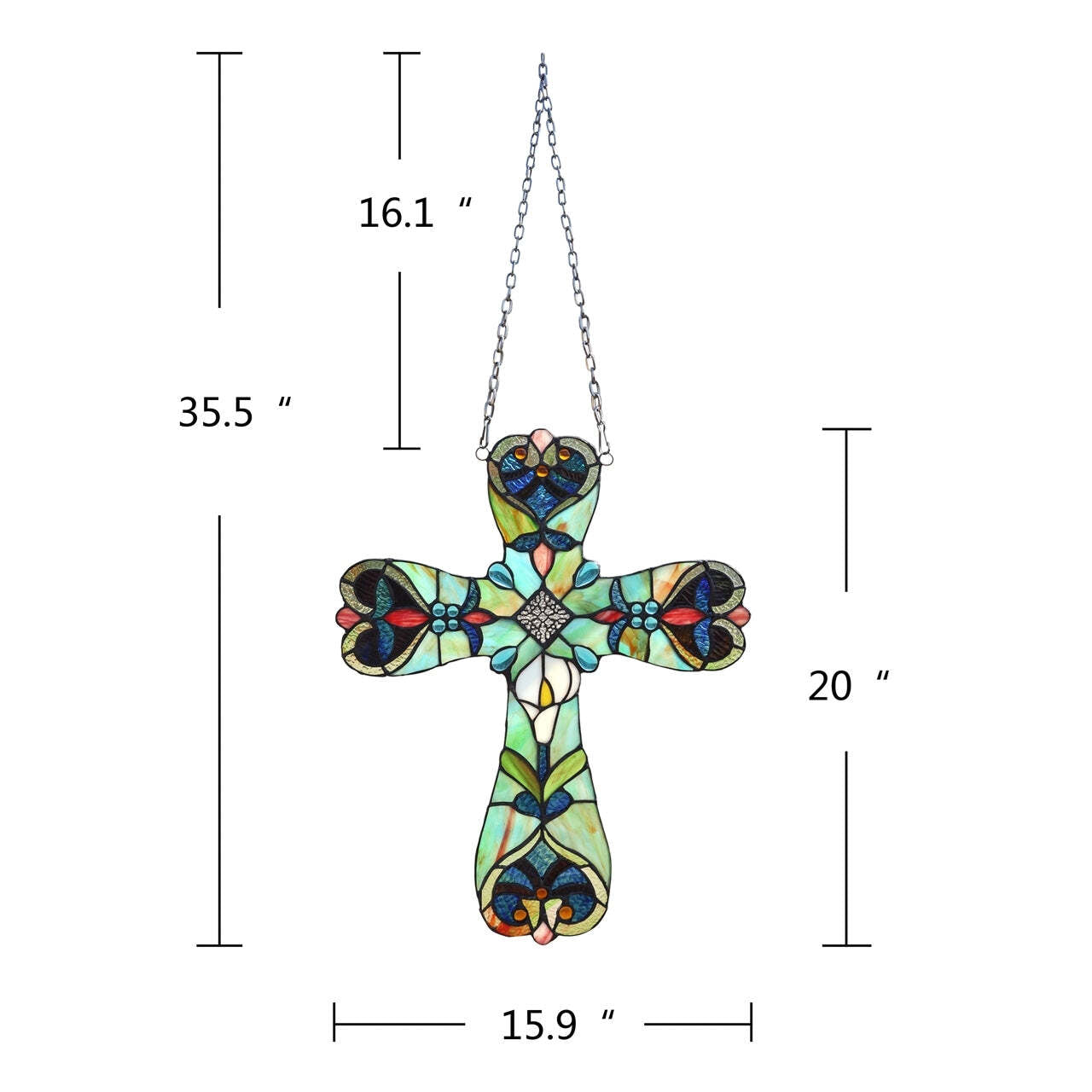 20" Antique Vintage Style Stained Glass Cross Window Hanging Panel Suncatcher