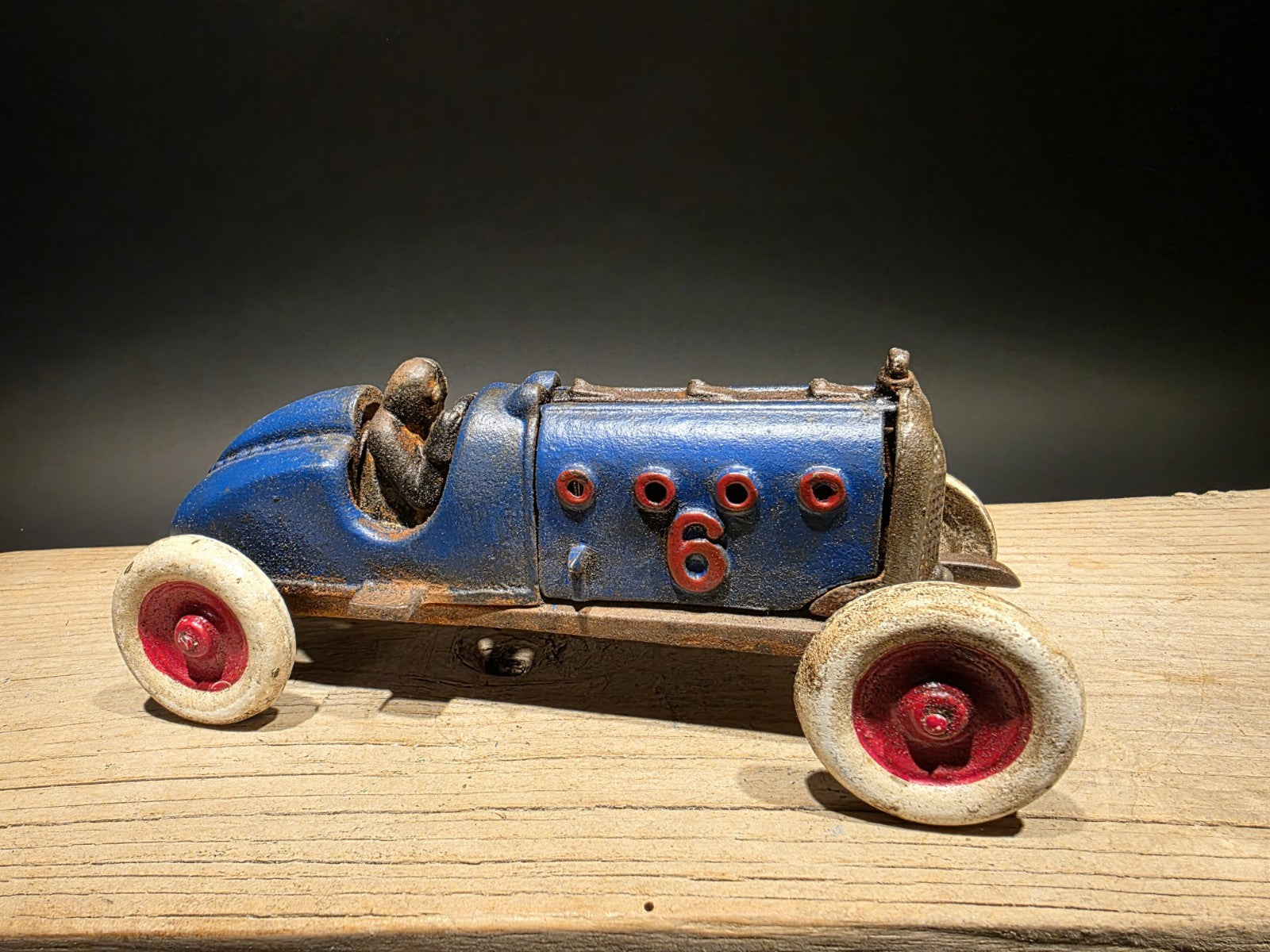 Antique Vintage Style Blue Cast Iron Toy Race Car w Lifting Hood