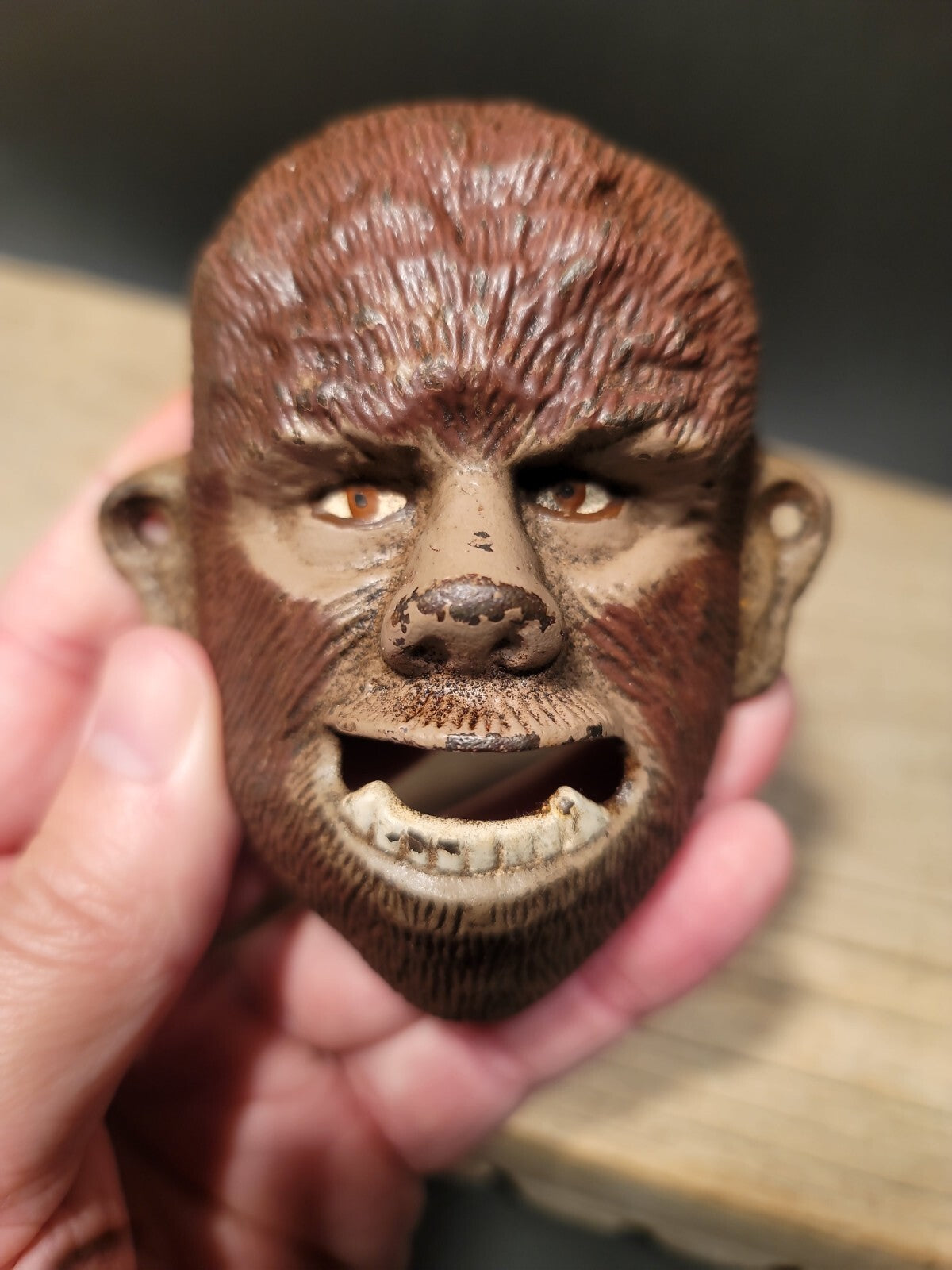 Antique Vintage Style Cast Iron folk art Wolf Man Wall mount Bottle Opener