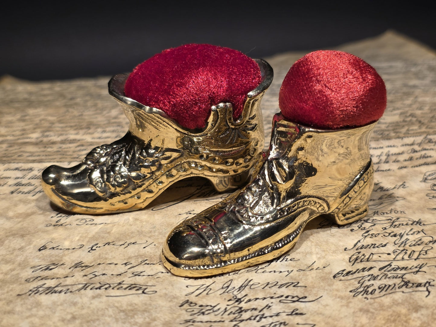 3" Miniature Brass Boot Sewing Pin Cushion Collection