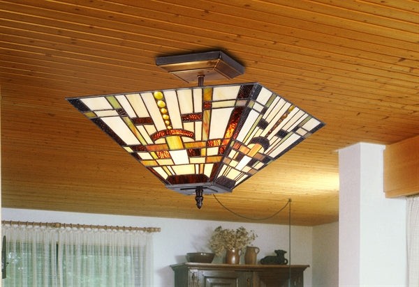 14" Vintage Style Mission Stained Glass Semi Flush Ceiling Uplight