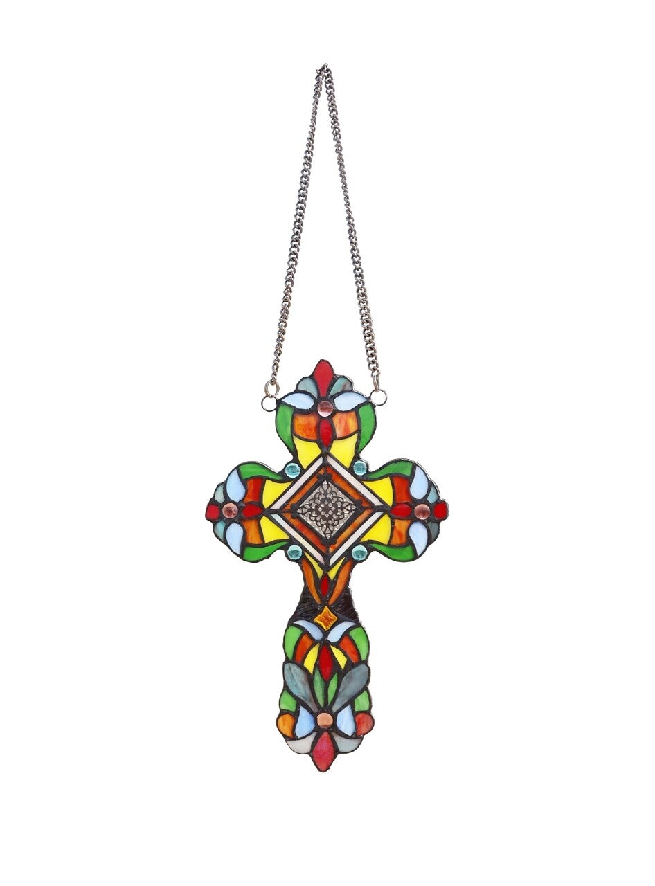 13" Stained Glass Cross Window Hanging Panel Suncatcher