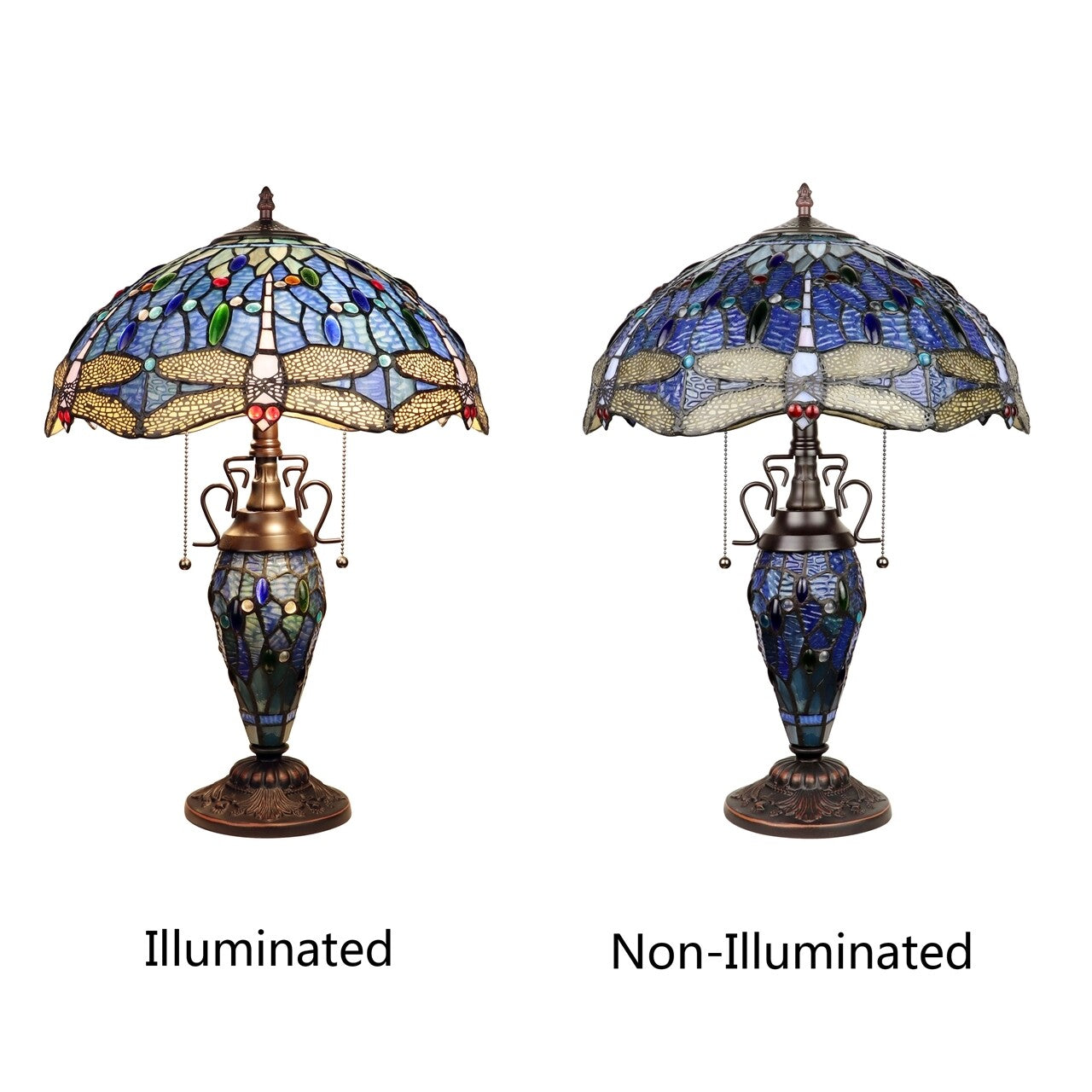 23" Antique Vintage Style Stained Glass Dragonfly Lighted Base Table Lamp