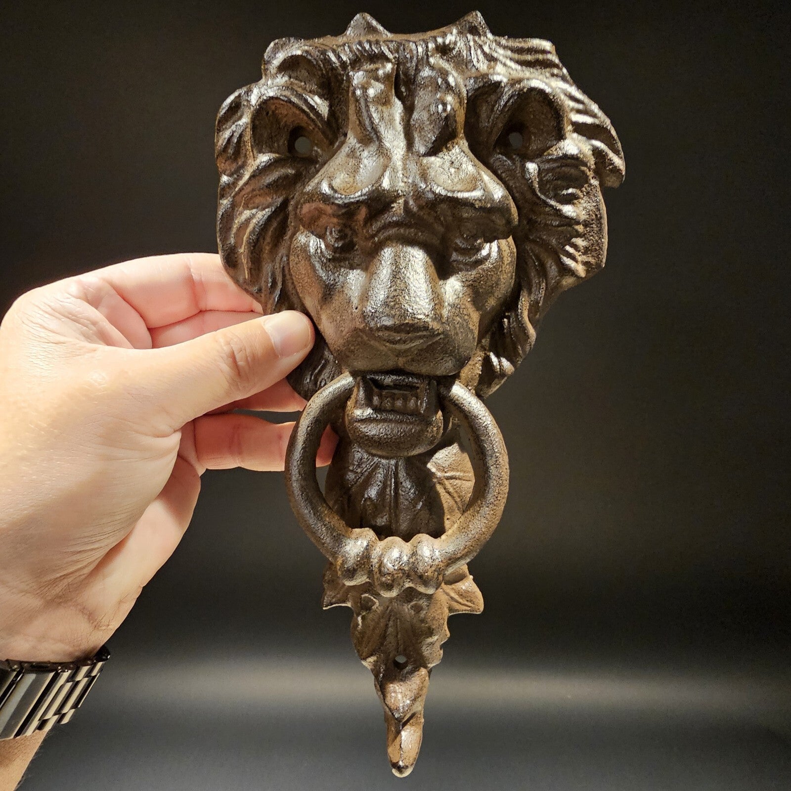 Antique Vintage Style Cast Iron Lion Door Knocker w Hook