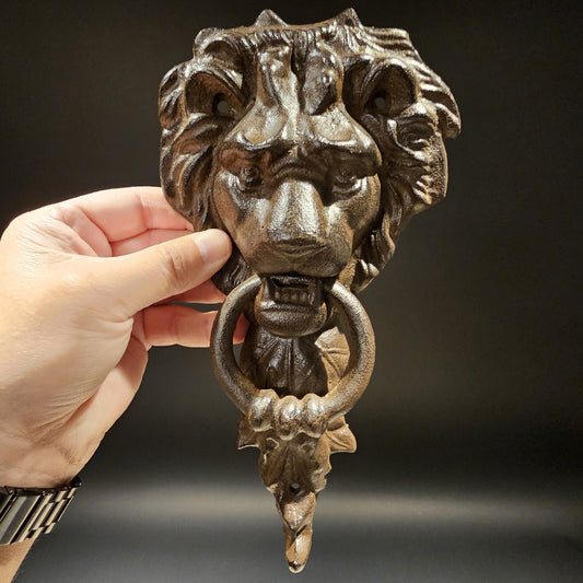 Antique Vintage Style Cast Iron Lion Door Knocker w Hook