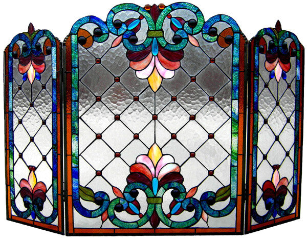 44" Folding Stained Glass Fireplace Screen