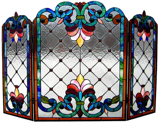 44" Folding Stained Glass Fireplace Screen