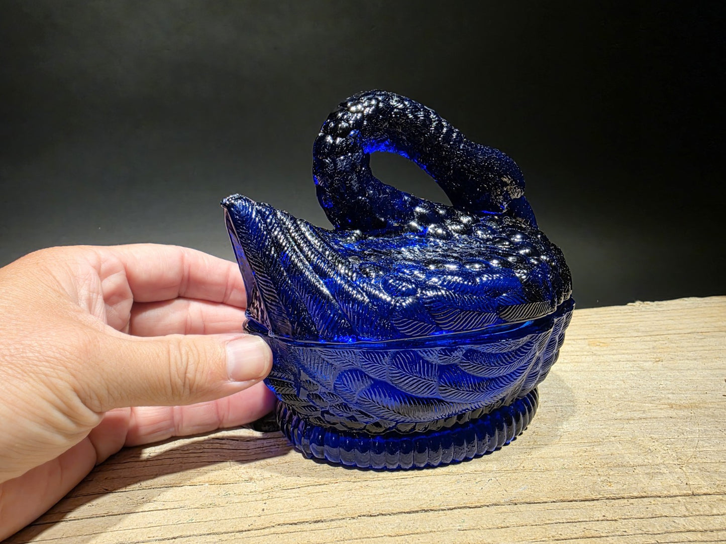 Vintage Style Cobalt Blue Depression Glass Swan Candy Dish Box