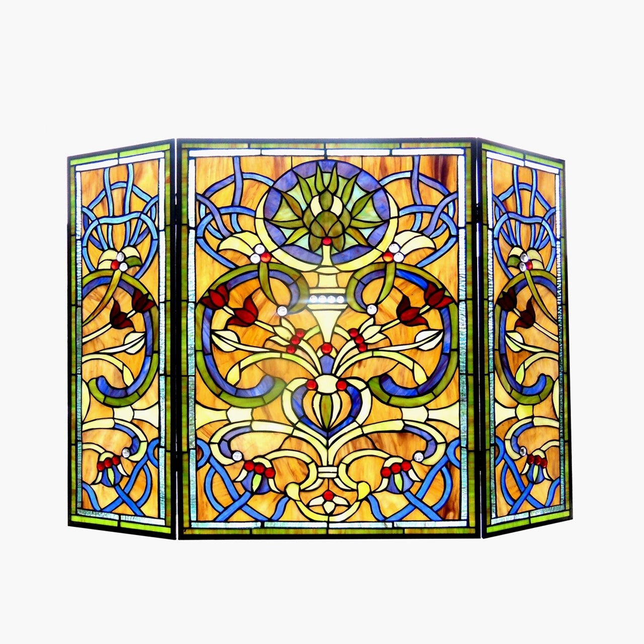 Tiffany Style Stained Glass Fireplace Screen – Victorian 3-Panel Folding 40"