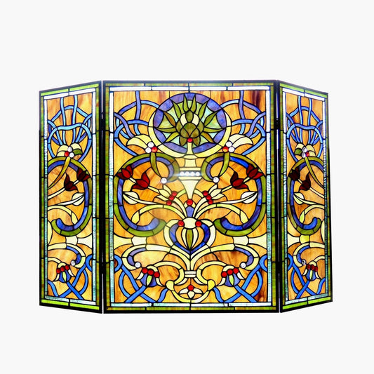 Tiffany Style Stained Glass Fireplace Screen – Victorian 3-Panel Folding 40"