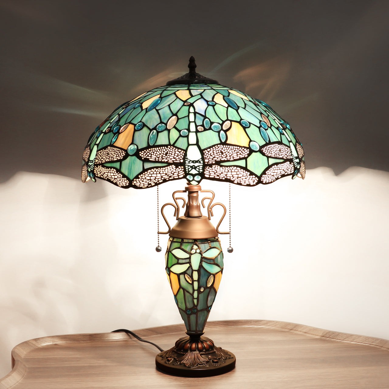 22.44" Antique Vintage Style Stained Glass Dragonfly Lighted Base Table Lamp
