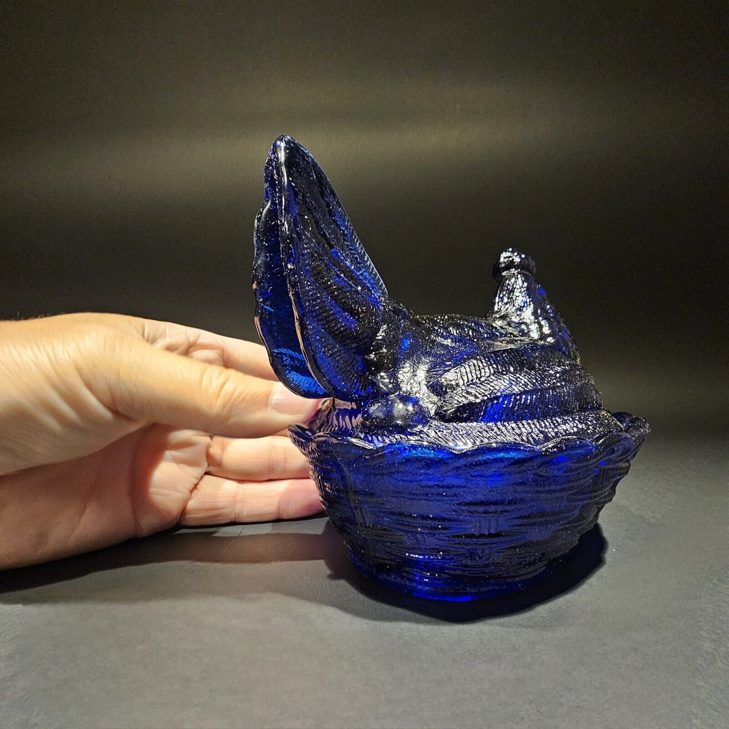 Antique Vintage Style Cobalt Blue Depression Glass Chicken Hen On Nest Dish
