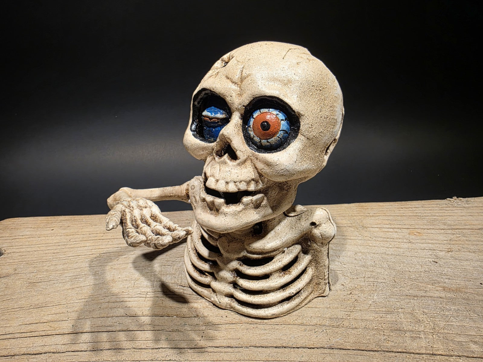 Antique Style Cast Iron Mechanical Halloween Skeleton Coin Bank
