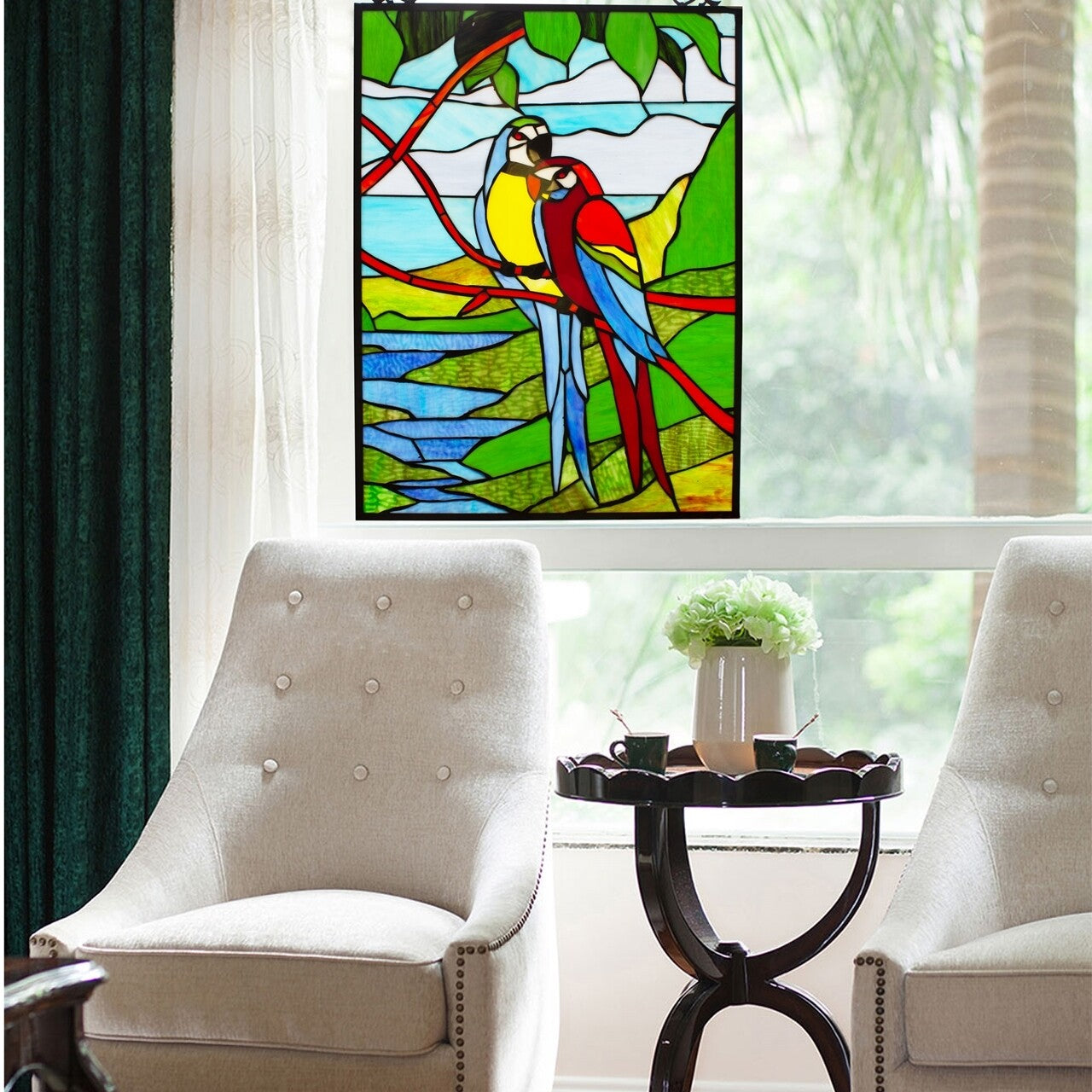 25"  Tropical Parrot Stained Glass Window Hanging Panel Suncatcher